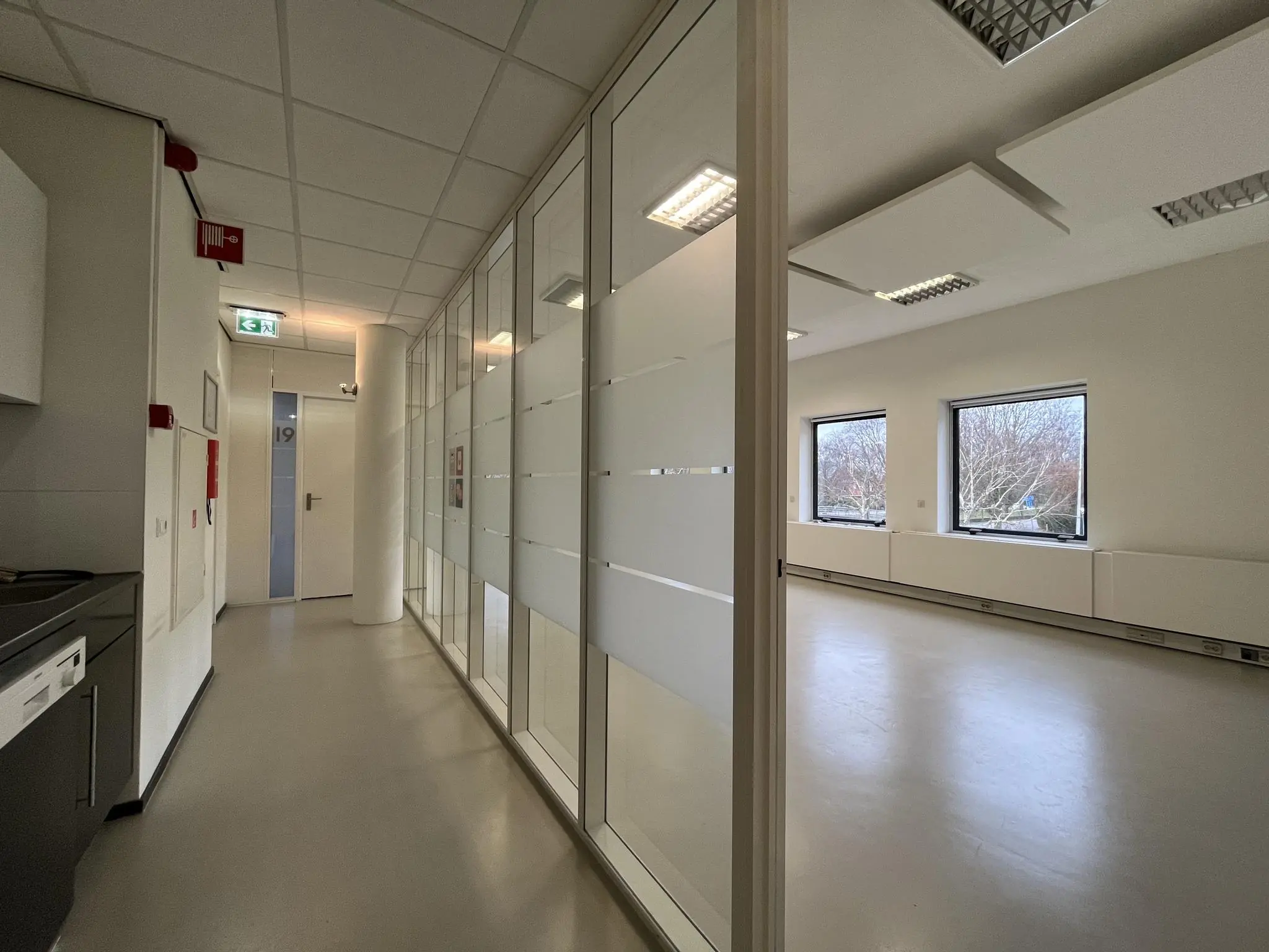 Lichte, moderne kantoorruimte in Leidse Rijn met glazen wanden en uitzicht op bomen.